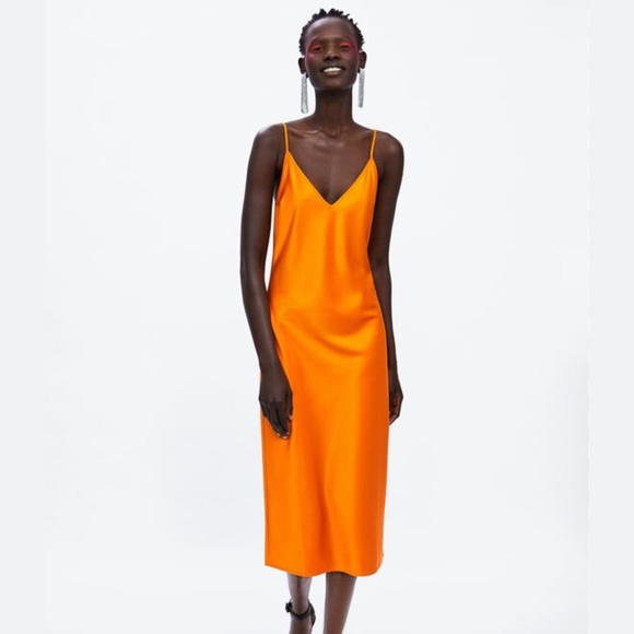 Zara Dresses Zara Satin Slip On Midi Dress In Orange Poshmark